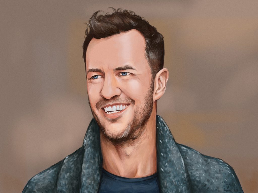 Artist's illustration of Blake Mycoskie in a sweater, smiling.