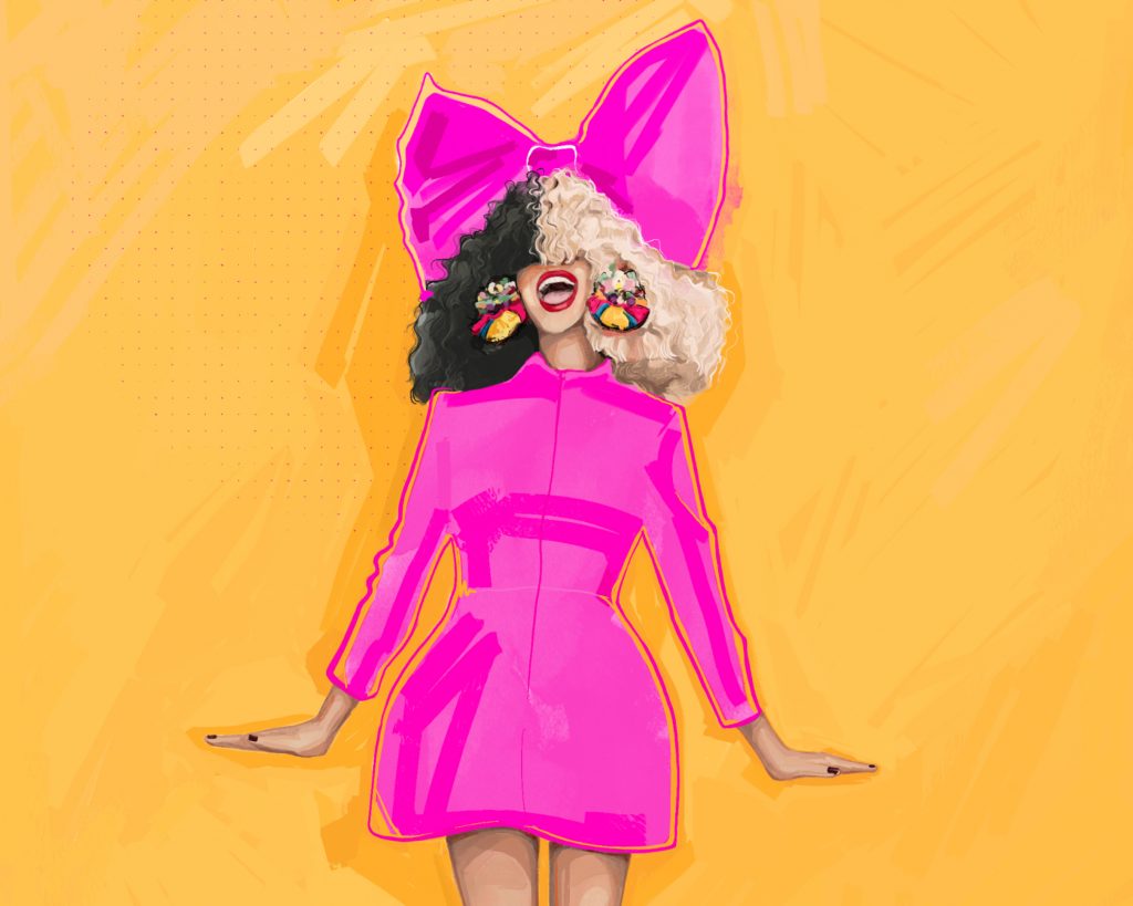 Artist's rendering of Sia in pink dress, black and white wig that covers her eyes, and matching, large pink bow.