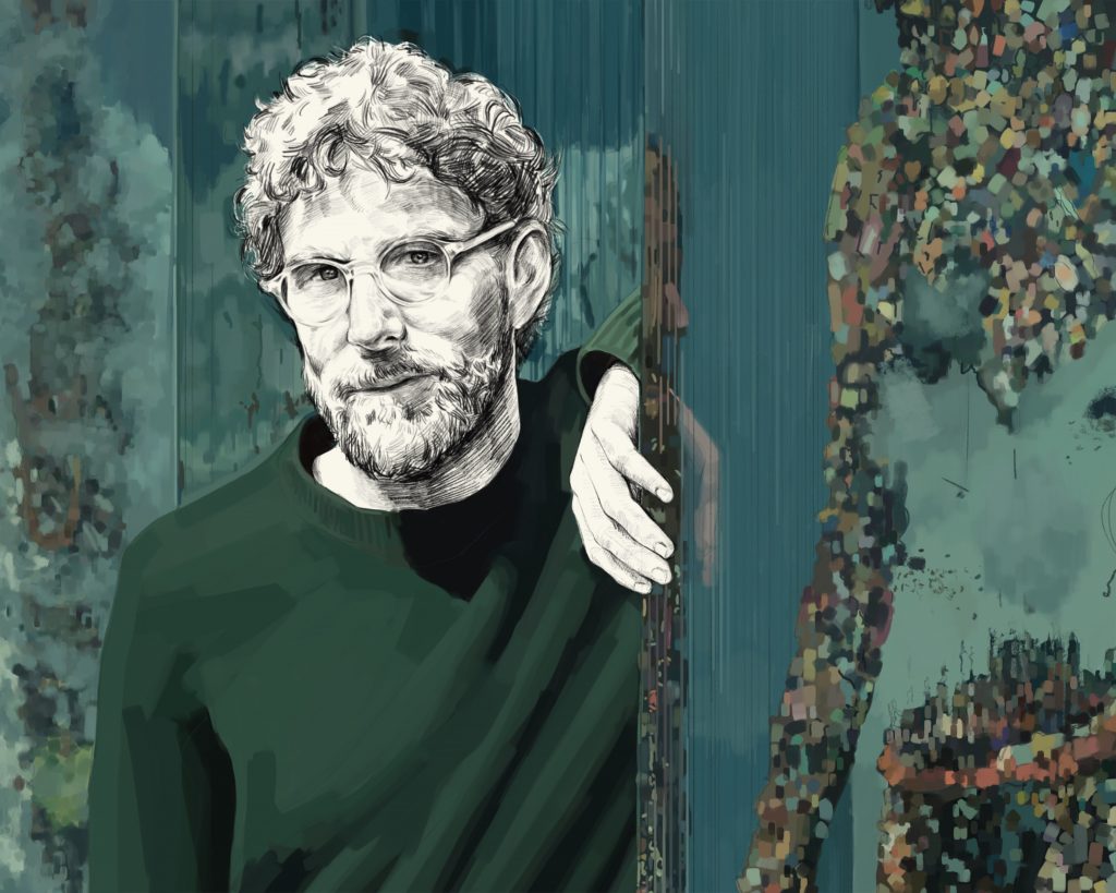 Artist rendering of Dustin Yellin beside one of his 3D photomontage artworks.