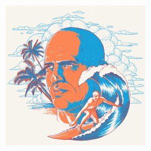 Artist's rendering of Kelly Slater's head with Kelly surfing in the foreground, palm trees in the background.