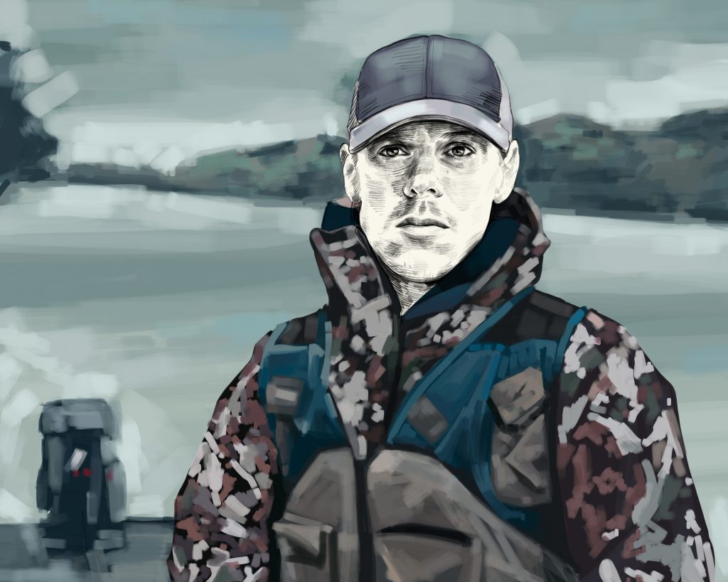 Artist's rendering of Steven Rinella in hunting gear.