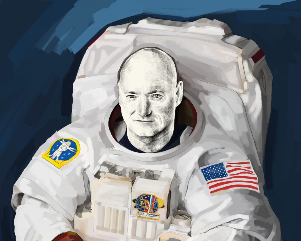 Artist's rendering of Scott Kelly in his space suit, no helmet.