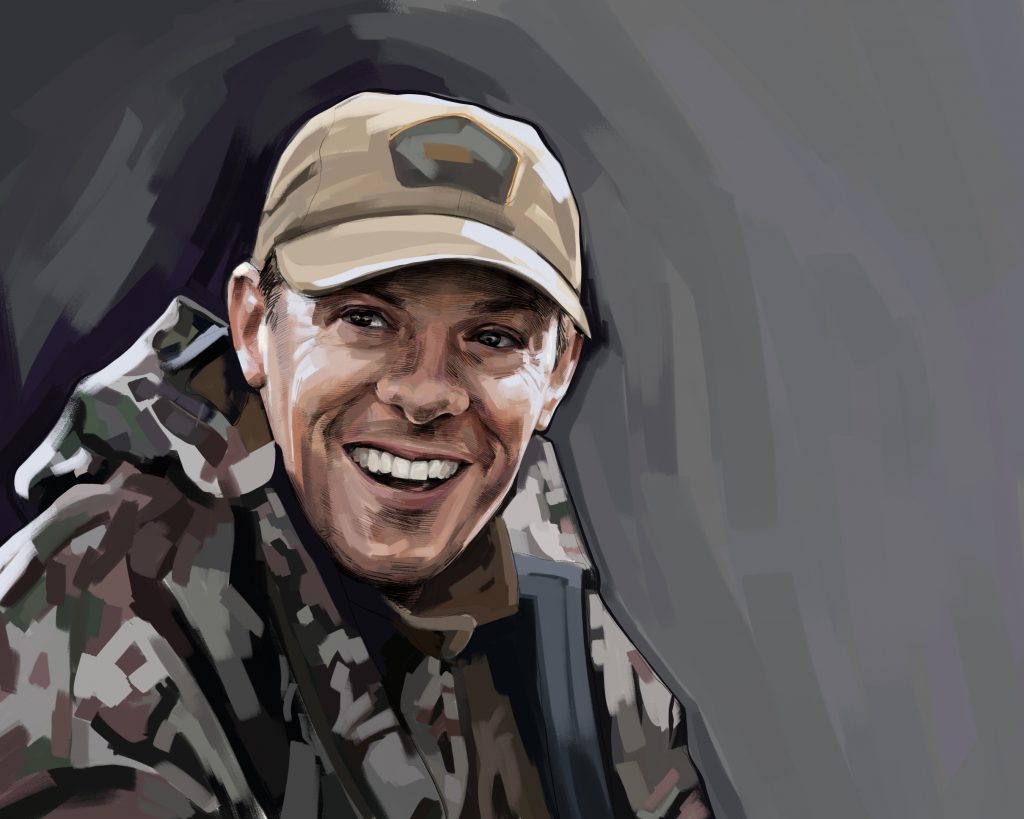 Artist's rendering of Steven Rinella in a hat and camouflage jacket.