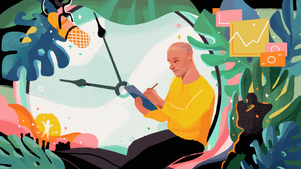 Illustration of Tim Ferriss journaling while sitting inside a clock, surrounded by vegetation.