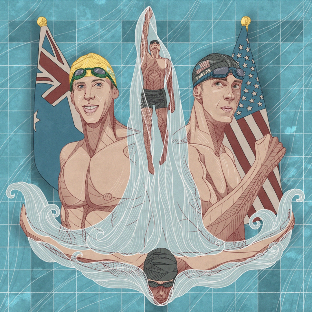 Artist's rendering of Michael Phelps and Grant Hackett using a swimming motif.