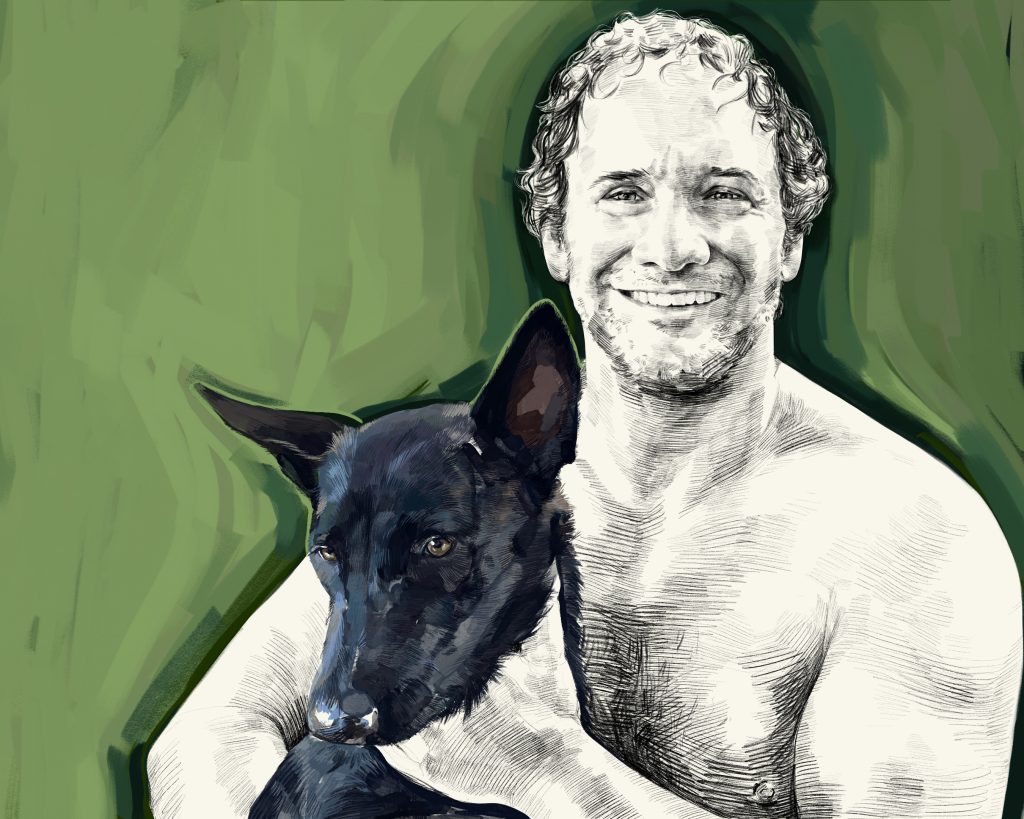 Artist's rendering of Josh Waitzkin and his dog.