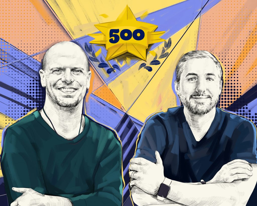 Artist's rendering of Tim Ferriss and Kevin Rose with a star above them that says, "500."