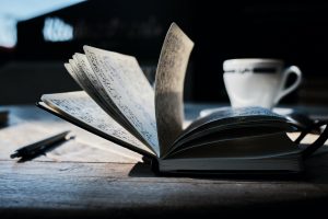 Pages of a book in shadow leaf as if blown by wind.