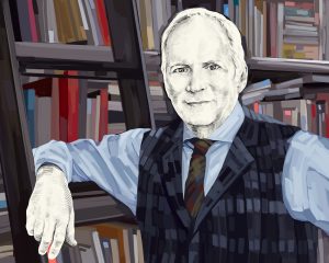 Artist's rendering of B. Jeffrey Madoff leaning on a library ladder in front of shelves of books.