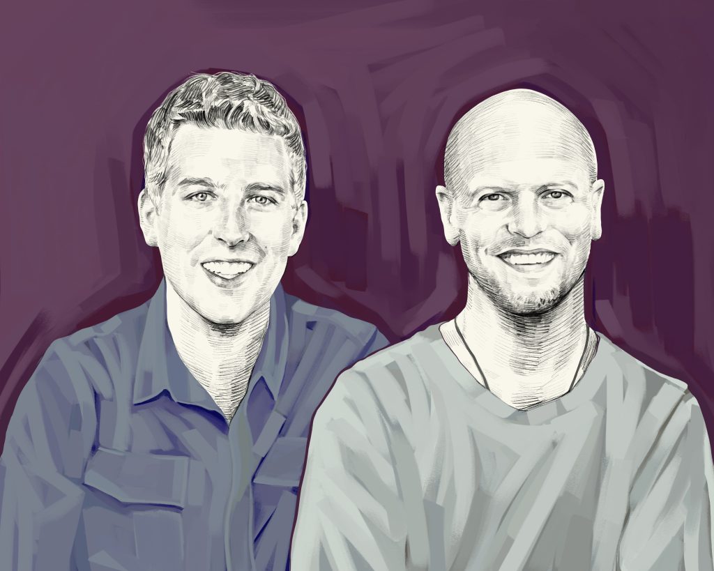 Artist's rendering of Chris Hutchins and Tim Ferriss.