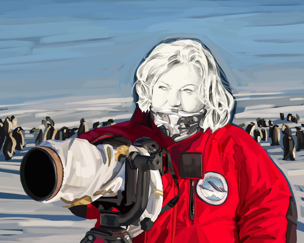 Artist's rendering of Sue Flood with her camera, standing in front of a large waddle of penguins.