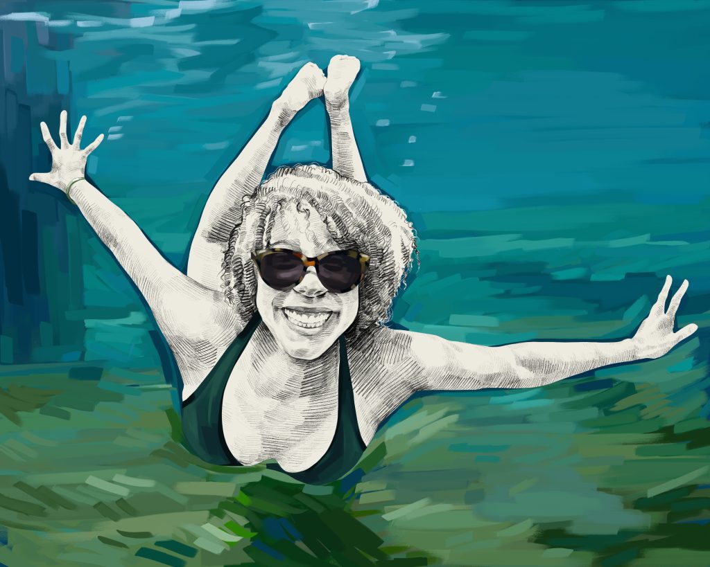 Artist's rendering of Dr. Ayana Elizabeth Johnson swimming underwater in the ocean.