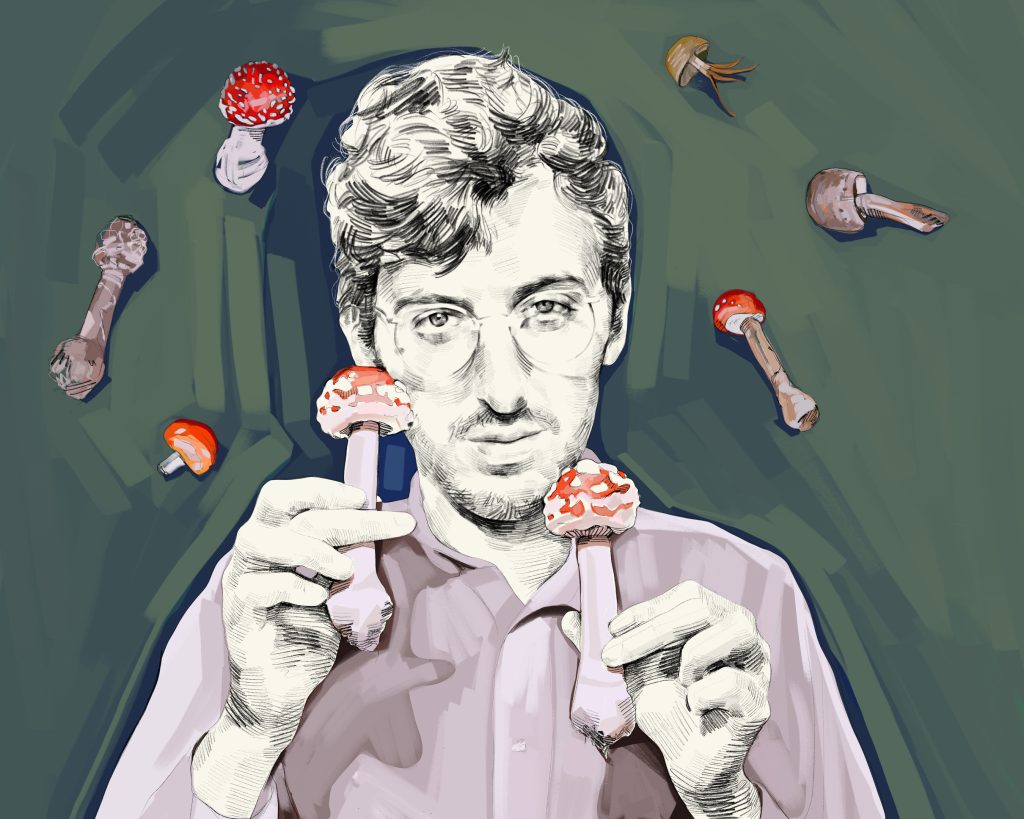 Artist's rendering of Hamilton Morris surreally depicted amongst floating mushrooms.