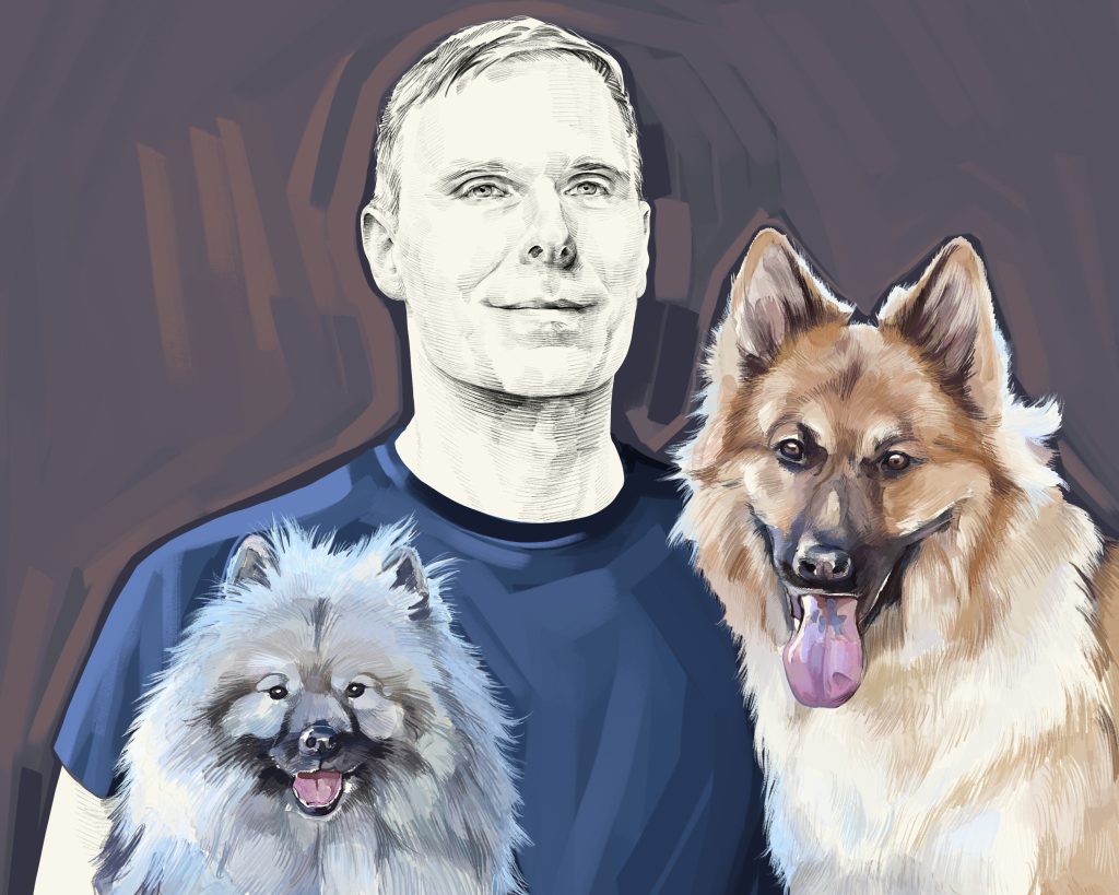 Artist's rendering of Dr. Matt Kaeberlein with two dogs.