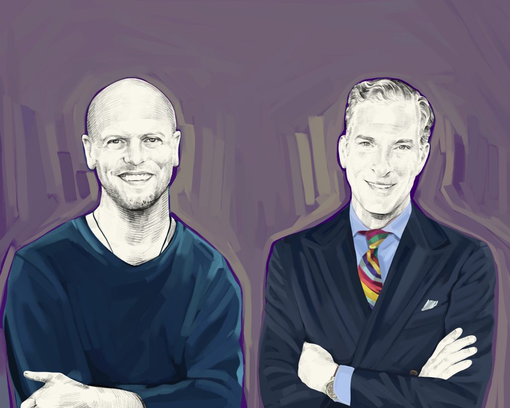 Artist's rendering of Tim Ferriss sitting next to Noah Feldman.