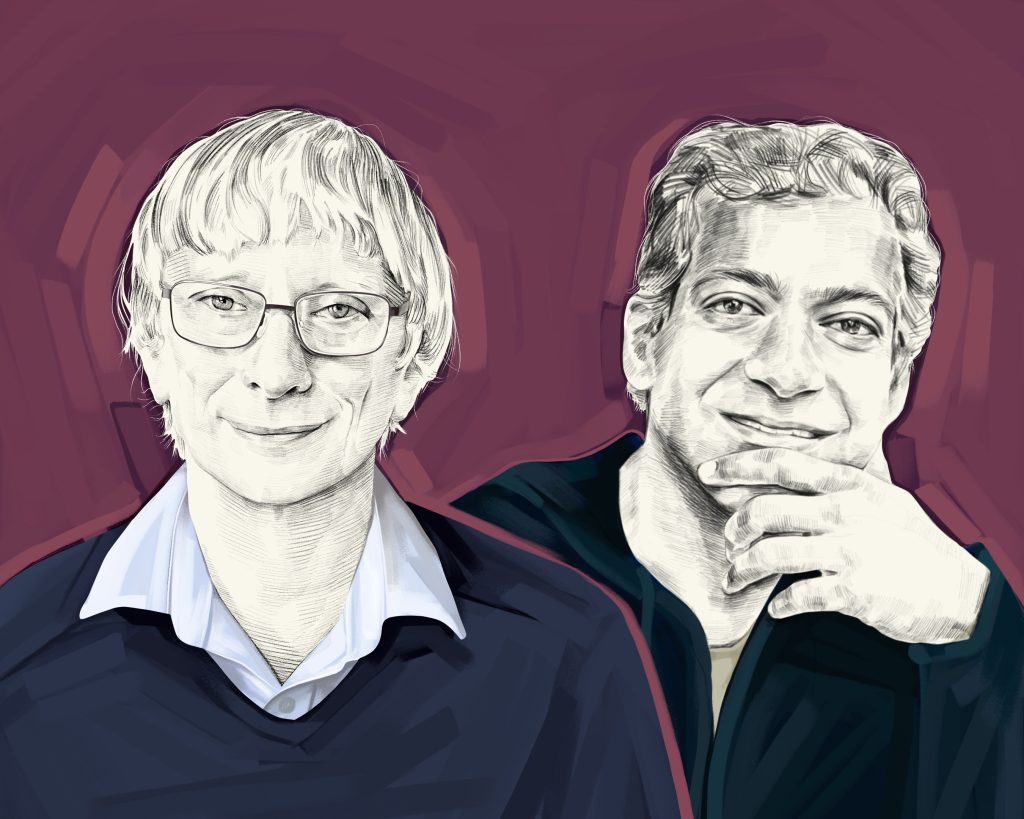Artist's rendering of a two-shot of David Deutsch and Naval Ravikant.