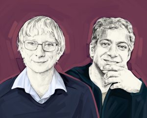 Artist's rendering of a two-shot of David Deutsch and Naval Ravikant.