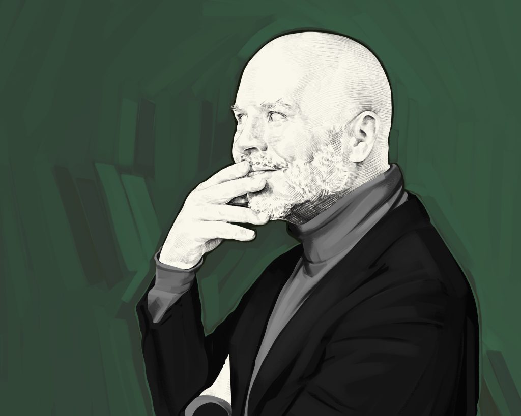 Artist's rendering of Derek Sivers in profile in a gray turtleneck and black blazer, hand on his chin, eyes wide with possibilities.