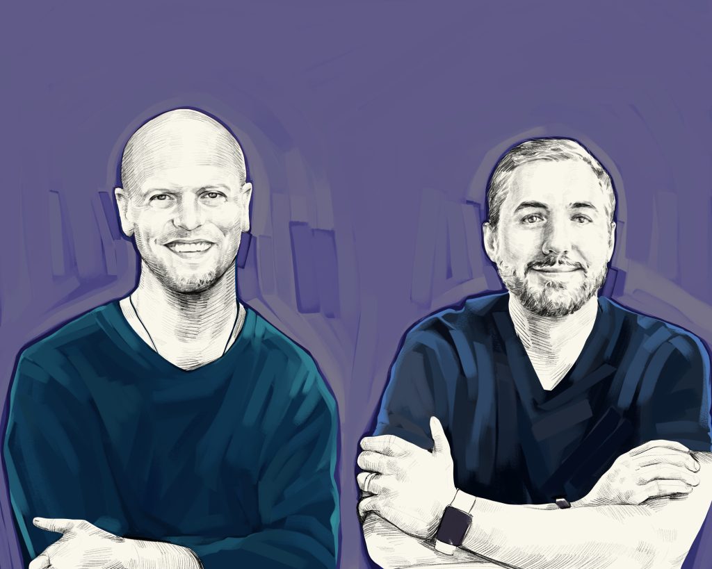 Artist's rendering of a two-shot of Tim Ferriss and Kevin Rose.
