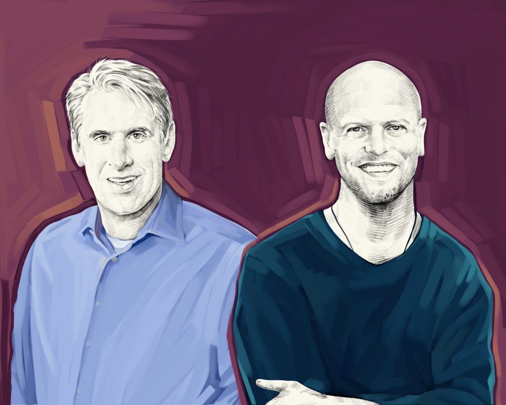 Artist's rendering of Bill Gurley beside Tim Ferriss.