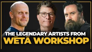 Tim Ferriss, Richard Taylor, and Greg Broadmore under text that reads, "The Legendary Artists from Weta Workshop."
