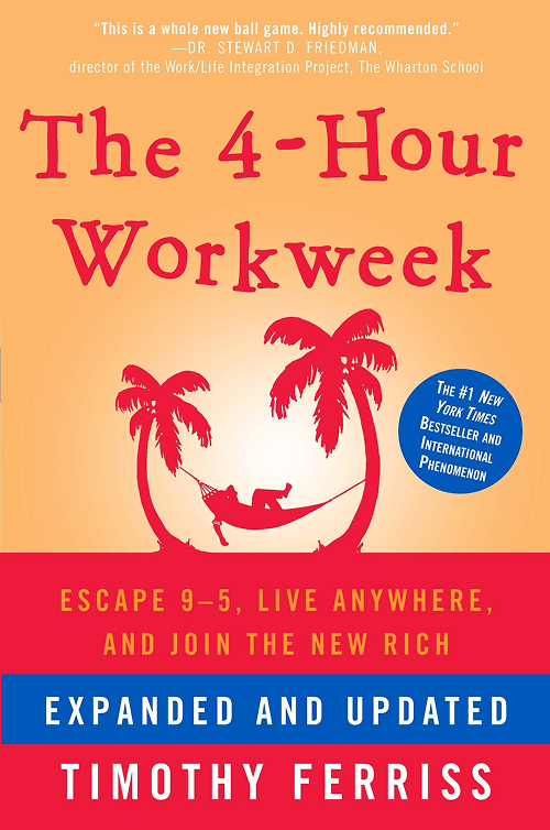 Book cover of The 4-Hour Workweek by Timothy Ferriss, featuring two palm trees with a hammock between them on a yellow-to-orange gradient background. Text highlights its expanded and updated.