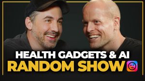 YouTube thumbnail of Kevin Rose and Tim Ferriss in closeup with the words "Health Gadgets & AI—Random Show" printed underneath.