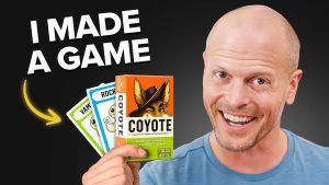 Tim Ferriss smiling and holding up his new game COYOTE, with the words "I made a game" above the game and a golden arrow pointing to the game.