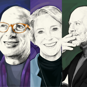 A tryptic of an artist's renderings of Seth Godin, Martha Beck, and Derek Sivers.